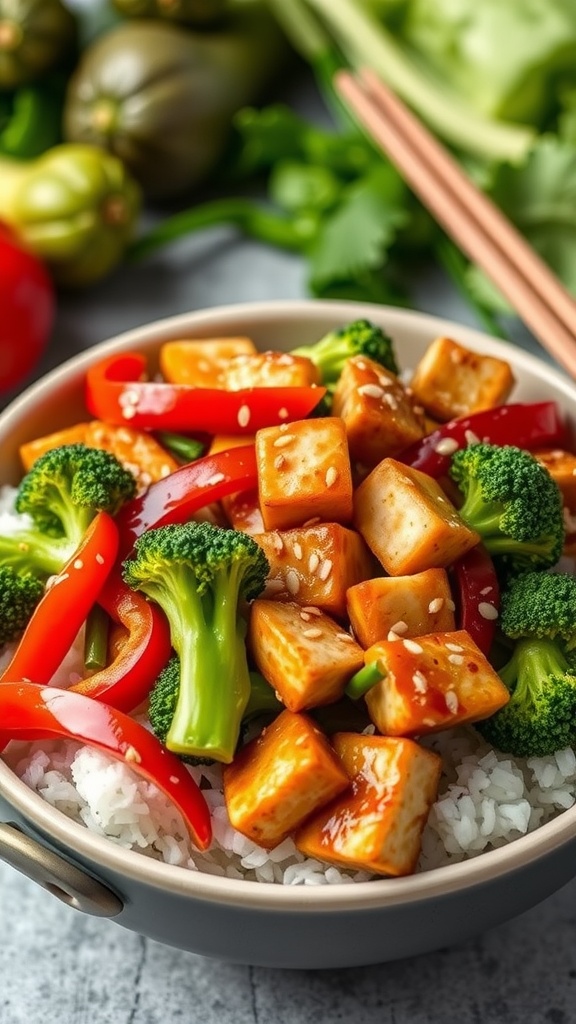 A colorful vegan stir-fry with bell peppers, broccoli, and tofu served in a bowl with rice, garnished with sesame seeds.